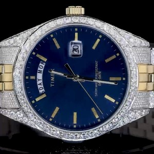 Montre mécanique de luxe avec diamants naturels, bracelet jaune en acier inoxydable, cadran à aiguilles bleu marine, cadeau idéal pour homme - Product Image 2