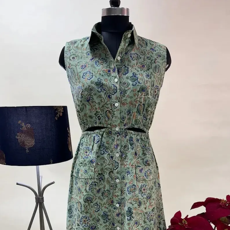 Neues grünes Kleid mit Taschen indischer Handblock blumendruck Baumwolltuch Sommerkleid Damenbequemkeit Kleidung Hitze schlagen