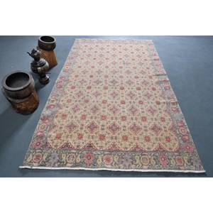 Alfombra de lana turca Vintage de 5x8 pies, diseño de retazos rojo beige clásico, área grande, pasillo rectangular de 10mm para habitación de adolescentes - Product Image 1