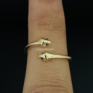 Anillo abierto antiguo de serpiente doble de oro sólido de 14 quilates, anillo de oro de doble cabeza de serpiente, anillo de serpiente de doble cabeza vintage, anillo de serpiente de diamante - Product Image 4