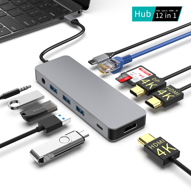 USB-C HUB Multi-port 12 in 1 Dual USB3.0 TF SD PD100w RJ45 AUX VGA Type C Adapter Docking Station Support Triple Display