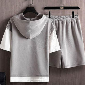 Ensemble court pour homme, style unique, hiver, à capuche, uni, respirant, grande taille, léger, taille élastique, poches latérales personnalisées - Product Image 2