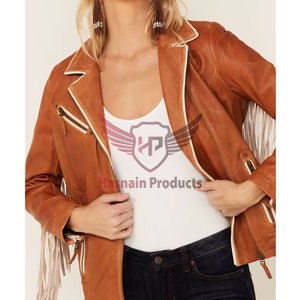 Womens Real Cognac Brown Leather <b>Jacket</b> White <b>Fringe</b> Sleeve Tassels Sheepskin Contrast Trim Western Biker Coat Custom Outerwear - Product Image 4