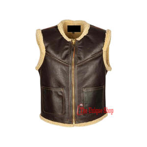 Gilet en cuir marron sans col pour homme-Gilet en peau de mouton véritable-Vestes décontractées sans manches Gilet d'hiver-Unisexe - Product Image 6