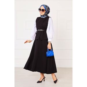 Cross Buttoned <b>Skirted</b> Double Hijab 2-Piece Casual Set Autumn Crepe Fabric Woven Pattern <b>Black</b>" - Product Image 1