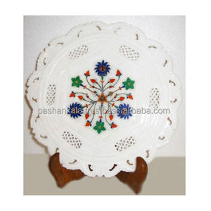 Nouvelle plaque en marbre blanc avec incrustation de marbre blanc poli, motif Jali et motif fleur de mop sur forme ronde - Product Image 1