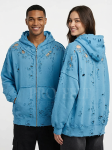 Custom Made Puff printed Logo Design Distressed Hoodie with Zipper Oversized Casual Frayed Edges Front Pockets Zipper Hoodies - Product Image 4