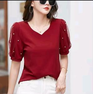 T-shirt en coton à manches bouffantes en maille perlée pour femmes, col en V, manches courtes, t-shirt de haute qualité, t-shirt décontracté tendance - Product Image 3