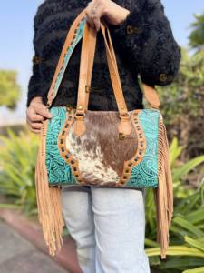 Nouveau sac fourre-tout en cuir de vachette occidental à motif élégant, sculpté à la main, avec franges en cuir, sac à main élégant, sacs en cuir pour femmes - Product Image 5