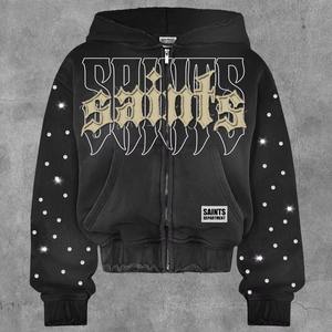 Chándal personalizado de ajuste Regular con lavado ácido de invierno para hombre con acentos de diamantes de imitación completos con estampado de transferencia de calor 400GSM 100% algodón - Product Image 2