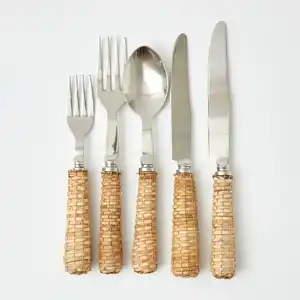 Premium Quality Stainless Steel Cutlery Set With Wicker Rattan Handle Vintage Style Flatware Set Tableware Custom Kitchen Tools