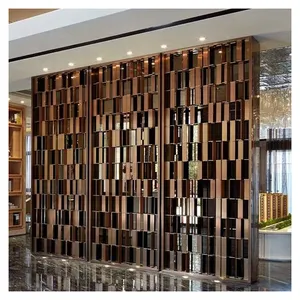 Own Factory 304 3mm CNC laser folding room divider SS304 mirror brass decorative fluted stone wall panels with tea glass