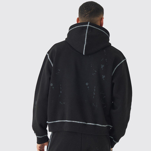 Survêtement Streetwear noir délavé à l'acide avec impression personnalisée Sweat à capuche surdimensionné et pantalon évasé à rayures contrastées Survêtements à pull - Product Image 4