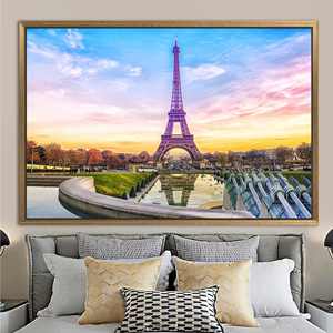 Impresión en lienzo del atardecer de la Torre Eiffel - Arte de monumentos de Francia - Decoración de pared con paisaje urbano, 1P: Marco dorado - Product Image 1