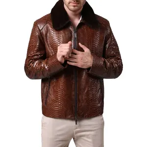 Men's Brown Python Leather Biker Jacket New Snake Print Python Embossed Genuine Cow Leather With Rex Fur Jacket
