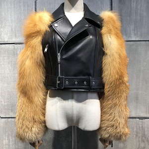 YOLOAgain – veste en cuir véritable à manches en fourrure de renard pour femme, motif croco, veste courte en cuir véritable pour femme - Product Image 6