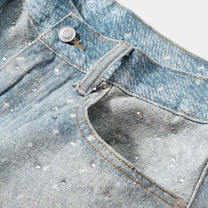 Short en jean avec strass pour hommes, taille moyenne, coupe droite, short en jean en coton décontracté, style de rue, short en jean 100% coton personnalisé - Product Image 3