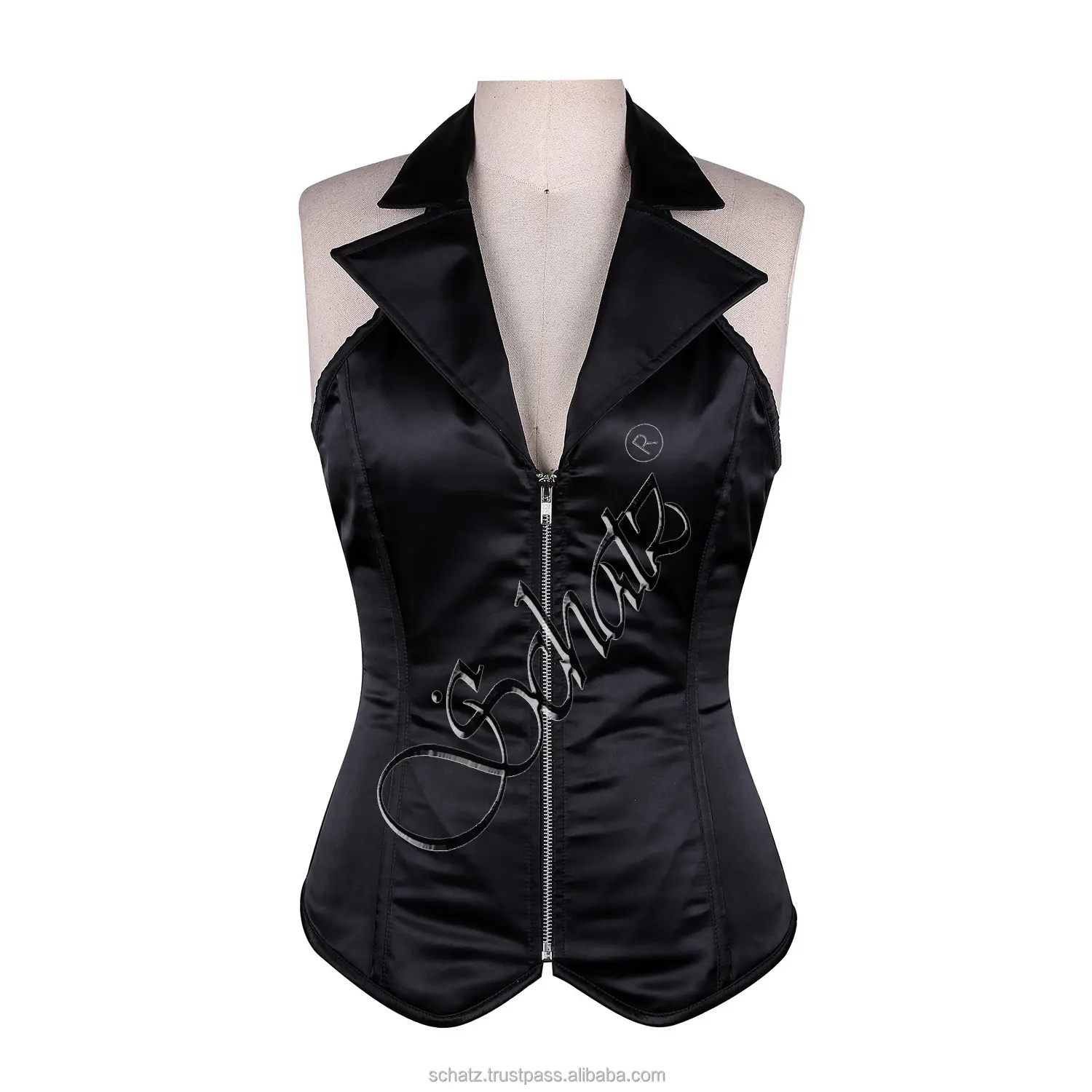 Schatz đen sexy Gothic satin Corset thép xương dây có cổ hàng đầu Bustier dây kéo eo huấn luyện viên corselet overbust áo nịt ngực