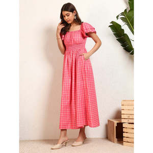 Deebaco Women's Pink Plaid Off-Shoulder A-Line Midi <b>Dress</b> With Ruffles <b>Elastic</b> Waist Prairie Chic Summer Casual Style - Product Image 3