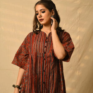 Style bohème Ajrakh imprimé robe mi-longue 100% artisanal bloc imprimé coton traditionnel pour la rouille Handblock robe mi-longue - Product Image 1