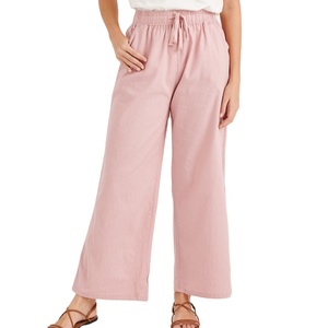 Pantalon droit taille haute pour femmes-personnalisé ample grande taille jambe large coton lin nouveau design d'été avant plat taille XS - Product Image 1