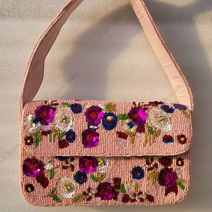 Bolso de hombro floral rosa con cuentas, bolso de mano indio totalmente hecho a mano para mujer, bolso de noche para fiesta o boda. - Product Image 1