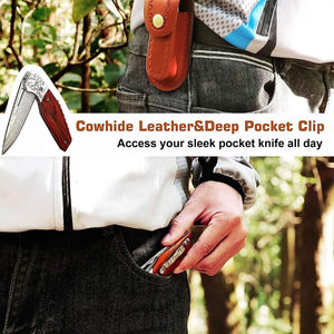 Couteau pliant tactique en acier Damas de qualité industrielle, fabriqué sur mesure, avec gaine en cuir et verrouillage arrière - Garantie de 3 ans - Product Image 3