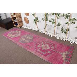 Turkish Vintage <b>Rug</b>, 2.9x10.4 ft Herki <b>Rug</b>, Pink <b>Runner</b> Check <b>Rug</b> - Product Image 2