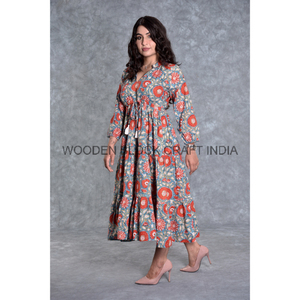Vestido Midi Bohemio con Cuello en V, Manga 3/4, Holgado, Casual, Moderno, de Algodón Puro, Estampado Floral, Transpirable, Elegante, para Verano - Product Image 3