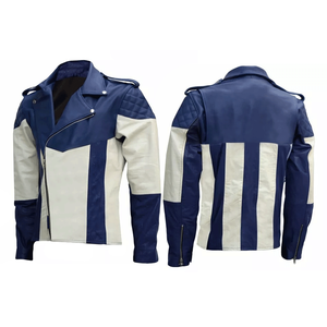 Chaqueta de motorista de cuero genuino blanco y azul para hombre con chaqueta de moto de cuero de carreras protegida CE blindada para mujer - Product Image 1