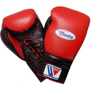 ถุงมือชกมวยแบบผูกเชือก Winning สีแดงดำ หนังแท้คุณภาพพรีเมียม สำหรับการฝึกซ้อมและการแข่งขันระดับมืออาชีพ ขนาด 8 ออนซ์ 10 ออนซ์ 12 ออนซ์ - Product Image 1
