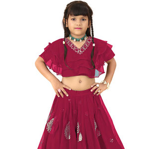 Shoryam Fashion Lehenga Choli brodé en georgette pour enfants, style ethnique, pour les fêtes |   Haut à manches à volants superposés, imprimé feuille d'or, tenues pour filles - Product Image 1