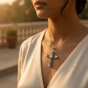 <b>Women's</b> 925 Silver <b>Cross</b> Pendant <b>Necklace</b> with CZ Charms Gemstone Jewelry Featuring Rose Gold and Platinum Elements - Product Image 3