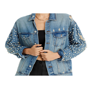 Chaqueta Vaquera Exclusiva Azul con Adornos, Estilo Desgastado, Corte Holgado, Técnica Lavada, Logotipo Bordado, Estampado Casual para Verano y Otoño - Product Image 5