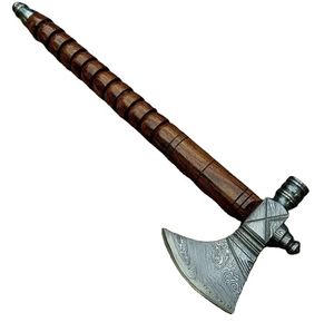 Steel Craft International Handmade Damascus Steel Tomahawk Industrial Grade Viking <b>Axe</b> with Rose <b>Wood</b> Handle and Leather Sheath - Product Image 4