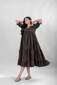 Vestido Midi con logotipo personalizado para mujer, cuello en V, mangas cortas abullonadas, vestido informal liso con cinturón de algodón, tejido ecológico, Lino liso, Natural - Product Image 3