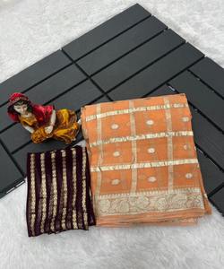 Sari de Algodón Banarasi Khadi Listo para Usar, Tejido de Seda, Bordado Tradicional, Estampado de Seda Georgette, Ropa India para Fiestas y Bodas - Product Image 2