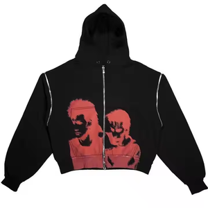 Logo personnalisé unisexe Vintage mode Double fermeture éclair à capuche en détresse délavé à l'acide 300 GSM contras couture fermeture éclair sweats à capuche - Product Image 6