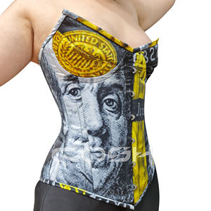 Black <b>Yellow</b> Dollar Bill Print Breathable High Compression <b>Corset</b> Strapless Waist Trainer Bustier <b>Top</b> Underwire Cups Back Laced - Product Image 2