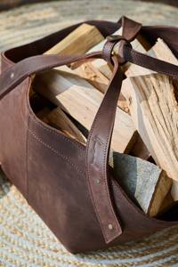 Vintage Firewood Carrier Real Cow Hide Leather Firewood <b>Storage</b> Handmade Best <b>Wooden</b> Carrier Bag LLR-0050 - Product Image 2