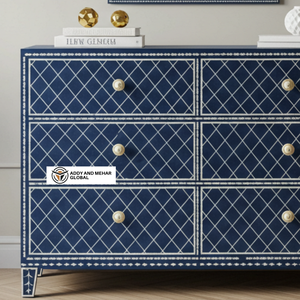 Commode de chambre à coucher en incrustation d'os bleu et blanc, armoire de rangement haut de gamme à 6 tiroirs - Product Image 3