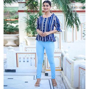 Haut à volants imprimé à rayures pour femmes de haute qualité en coton rayonne viscose bleu respirant taille XL pour toutes les saisons - Product Image 4