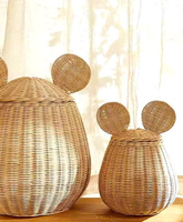 Boîtes de rangement multifonctionnelles en osier naturel écologique en forme de Mickey Mouse, adaptées aux aliments, avec couvercles, faites à la main et couleur personnalisable