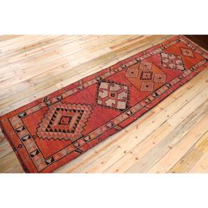 Turkish Vintage <b>Runner</b> Rug 2.9x11.6 ft, <b>Red</b> Black Patchwork Wool Rug - Product Image 2