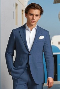 Linen <b>Men</b> Suits Lapel Collar Single Breasted Male Suit Slim Fit Smart Casual <b>Groom</b> Wedding Tuxedo Blazer Pants - Product Image 2