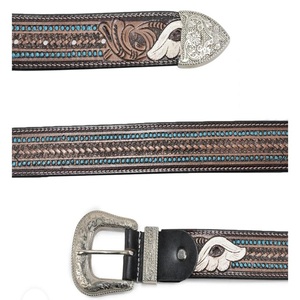 Made in India High Quality Floral Engraved Full Grain Vegetable Tanned Western <b>Leather</b> <b>Tooling</b> <b>belt</b> with 3 Piece Designer buckle - Product Image 3