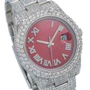 Reloj Plateado para Hombre con Incrustaciones de Diamantes, Acero Inoxidable, Esfera Roja con Números Romanos, Estilo Moderno y Brillante - Product Image 3