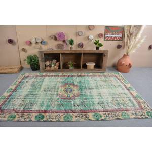 Tapis Vintage Turc Bohème Vert Beige Laine 5.7X9 pieds Classique Grande Surface Rectangle Patchwork Design pour Couloir Chambre Décor - Product Image 1