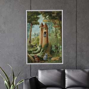 Printed Canvas: Fantasy Cat Tower Whimsical Fairytale Forest Art,<b>White</b> <b>Framed</b> - Product Image 1
