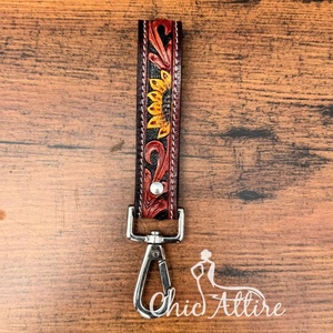 พวงกุญแจหนังรูปดอกทานตะวันขนาดเล็กแบบตะวันตกพวงกุญแจหนังแท้แบบปรับแต่งเองได้สำหรับผู้หญิง - Product Image 1